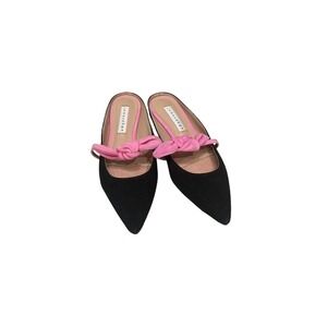 James Chan Naja Mules size 6 Black Pink Bow Suede Flat